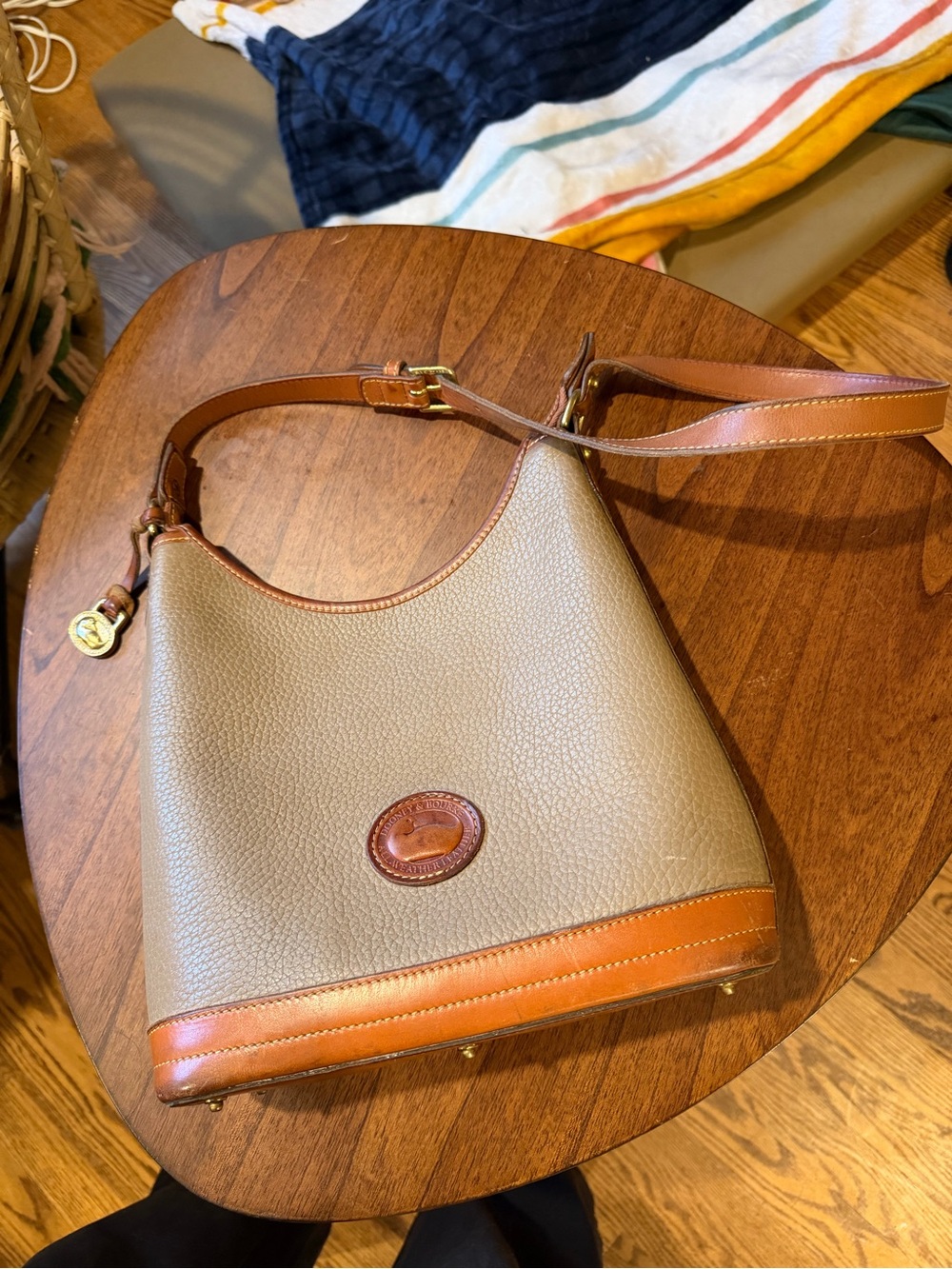 Dooney & Bourke Taupe Pebble Leather Shoulder Bag with Brown Trim